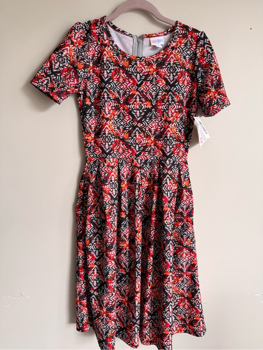 LuLaRoe Red, Orange, Black & White Printed Fit-And-Flare Amelia Midi Dress